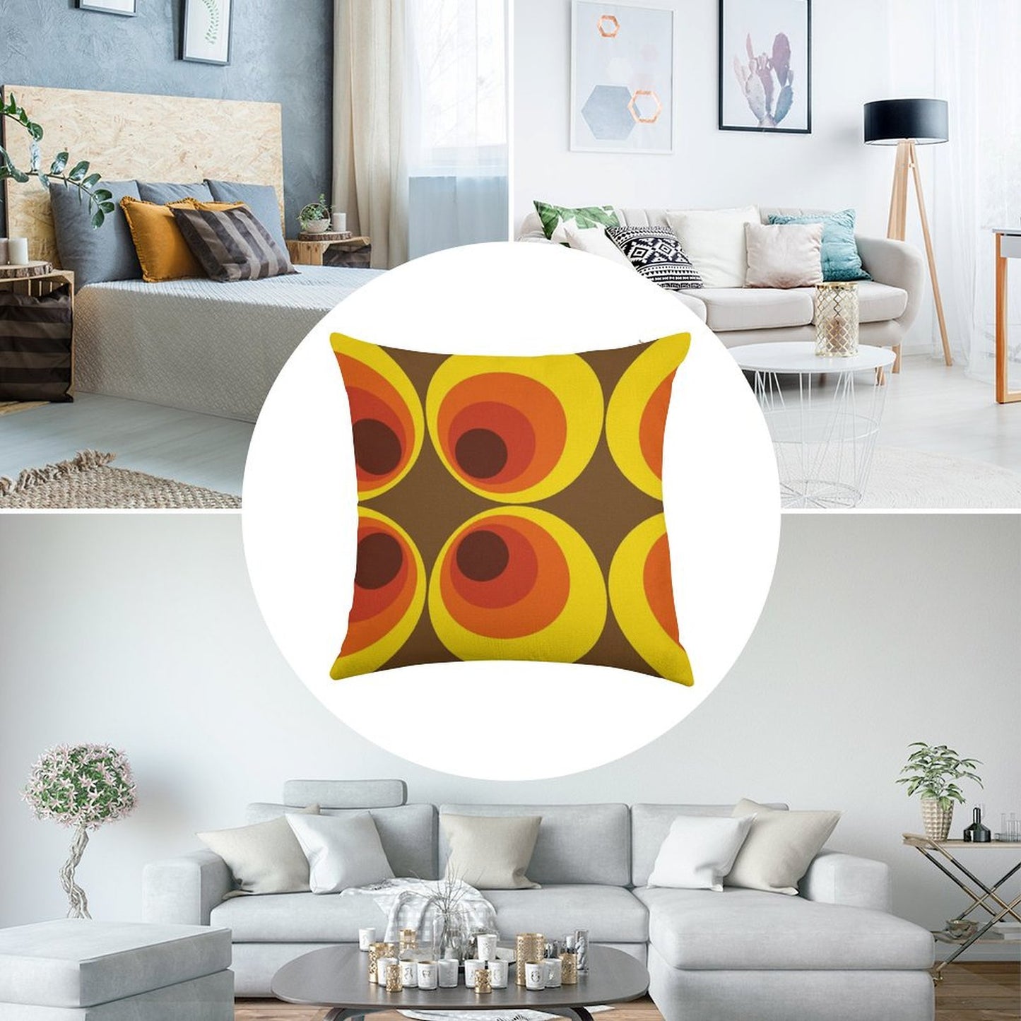 70s, 80s Funky Vintage Circle Pattern Linen Throw Pillow Cover