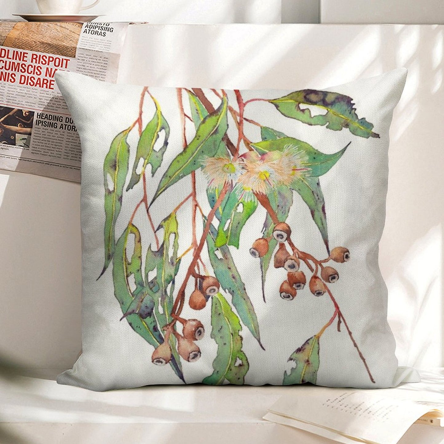 Watercolour Eucalyptus Tree Branch with White Flowers & Gumnuts. Linen Throw Pillow Cover