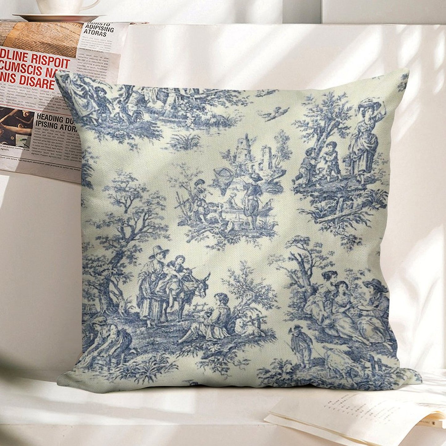 Powder Blue French Toile Picnic Designs Linen Throw Pillow Cover