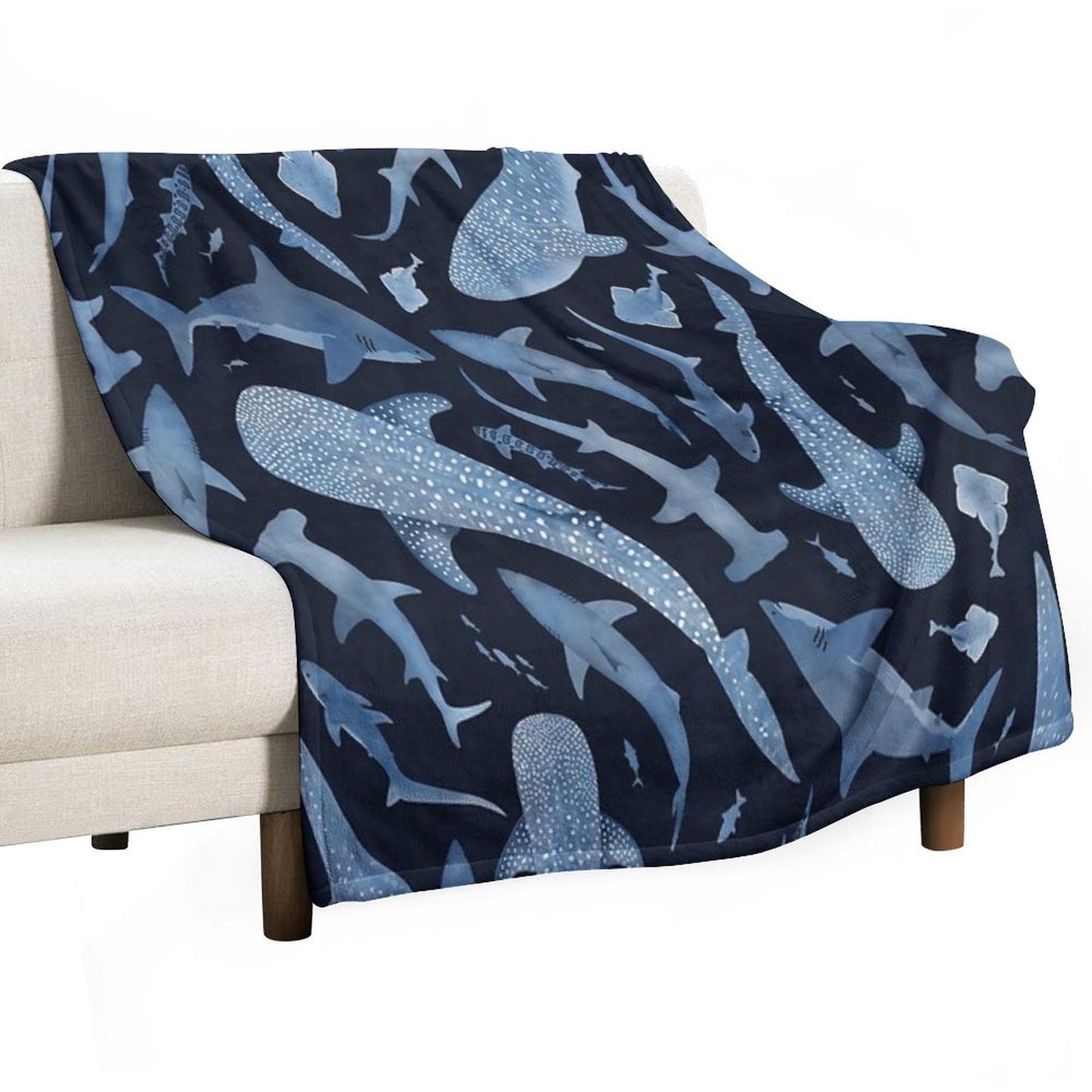 Monochrome Blue Watercolour Shark Ocean on Black Throw Blanket