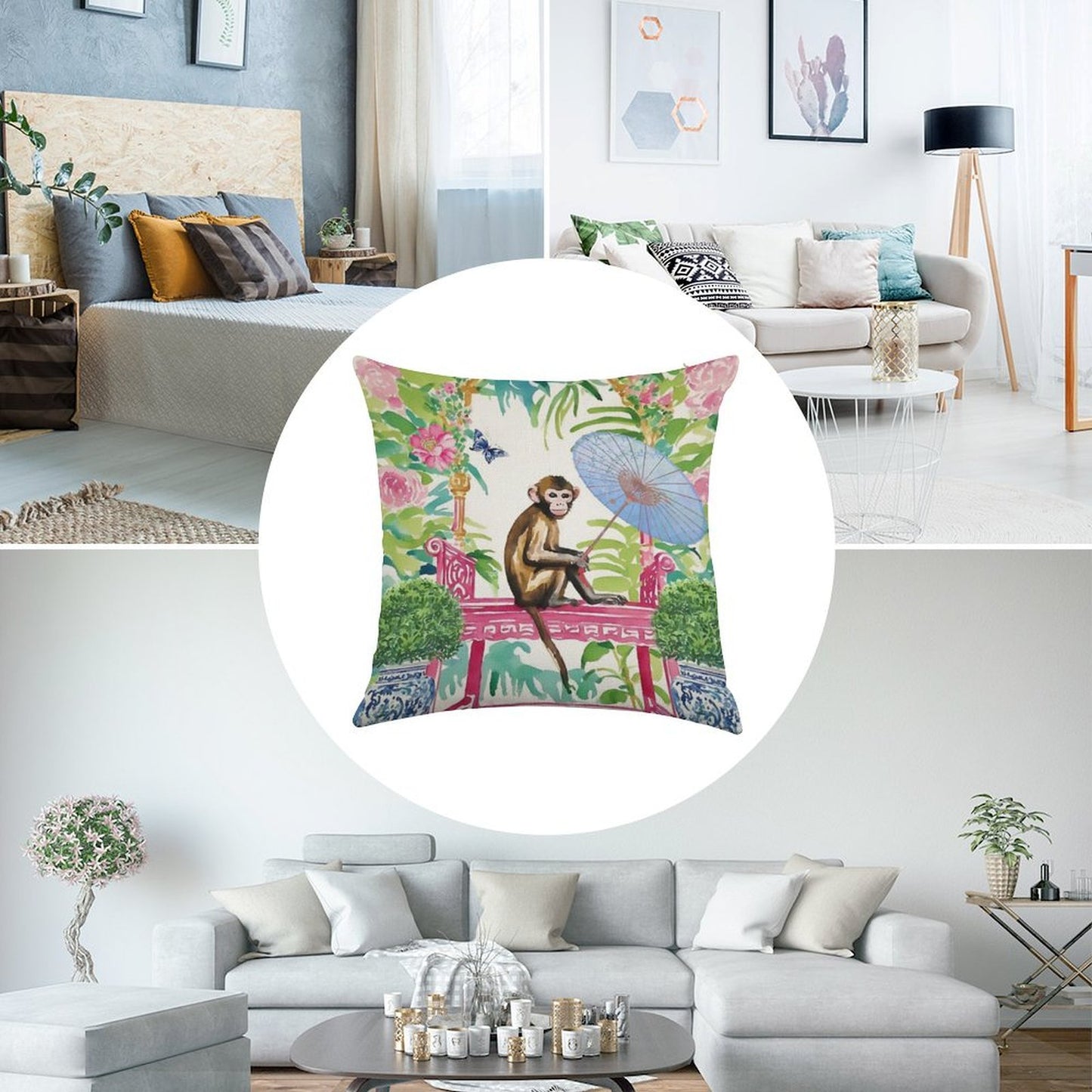 Monkey in Chinoiserie Garden Linen Throw Pillow Cover