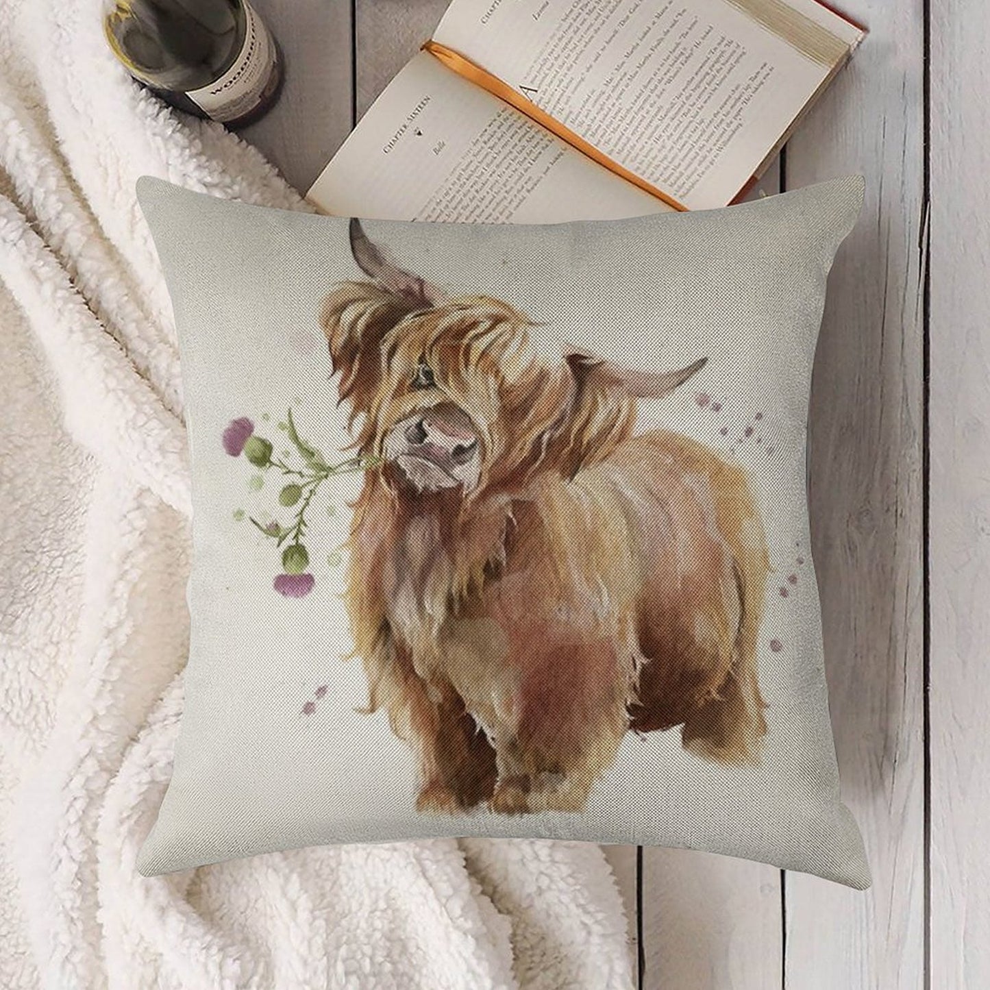 Highland Cow Linen Throw Pillow Cover