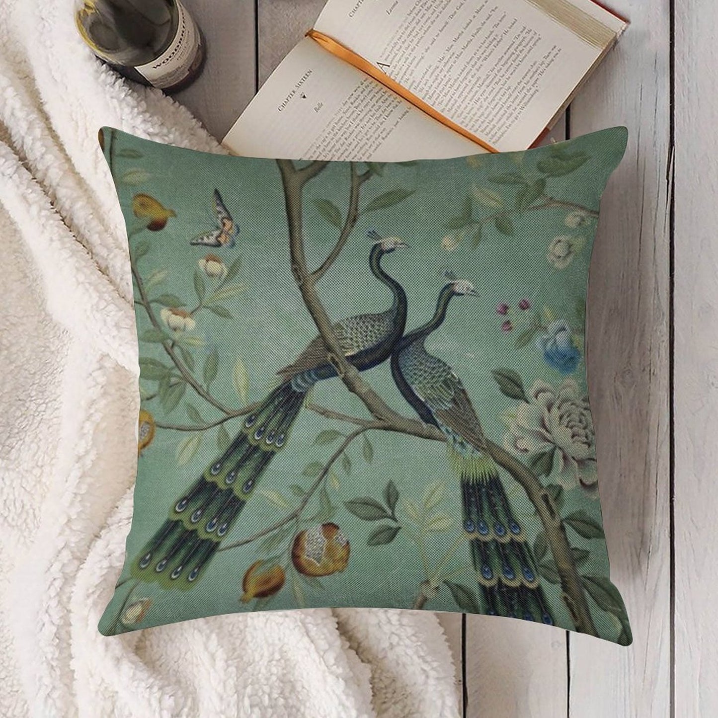 A Teal of Two Birds Chinoiserie Linen Throw Pillow Cover
