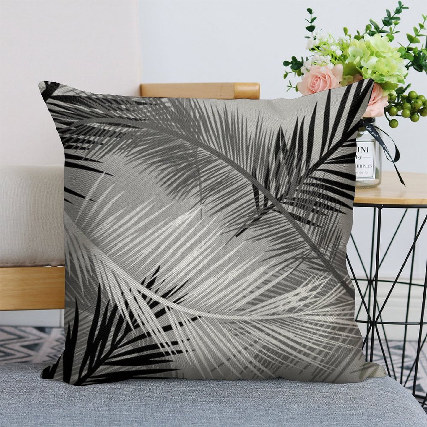 Palm Leaf Print, Gray, Black And White Linen Throw Pillow Cover