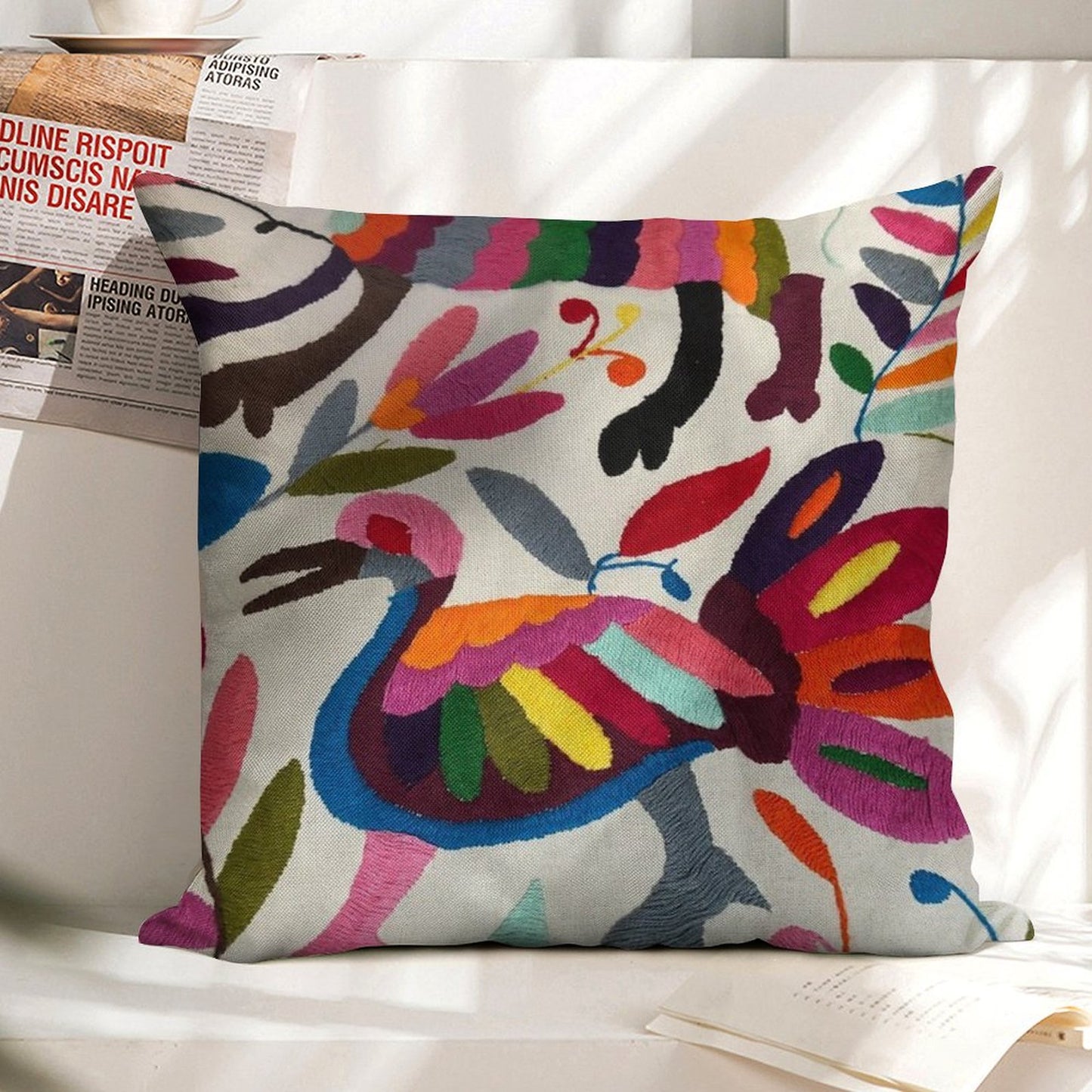 Mexican Otomi Embroidery Linen Throw Pillow Cover