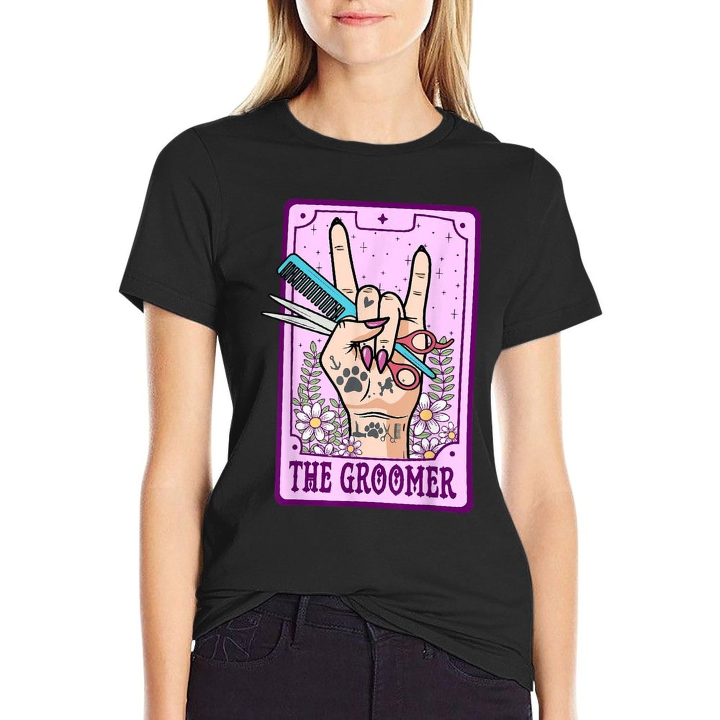 Funny Dog Groomer Tarot Cards Unisex-Adults Dog Lovers Dog Groomers Black Small Modern Cartoon Fun T-Shirt