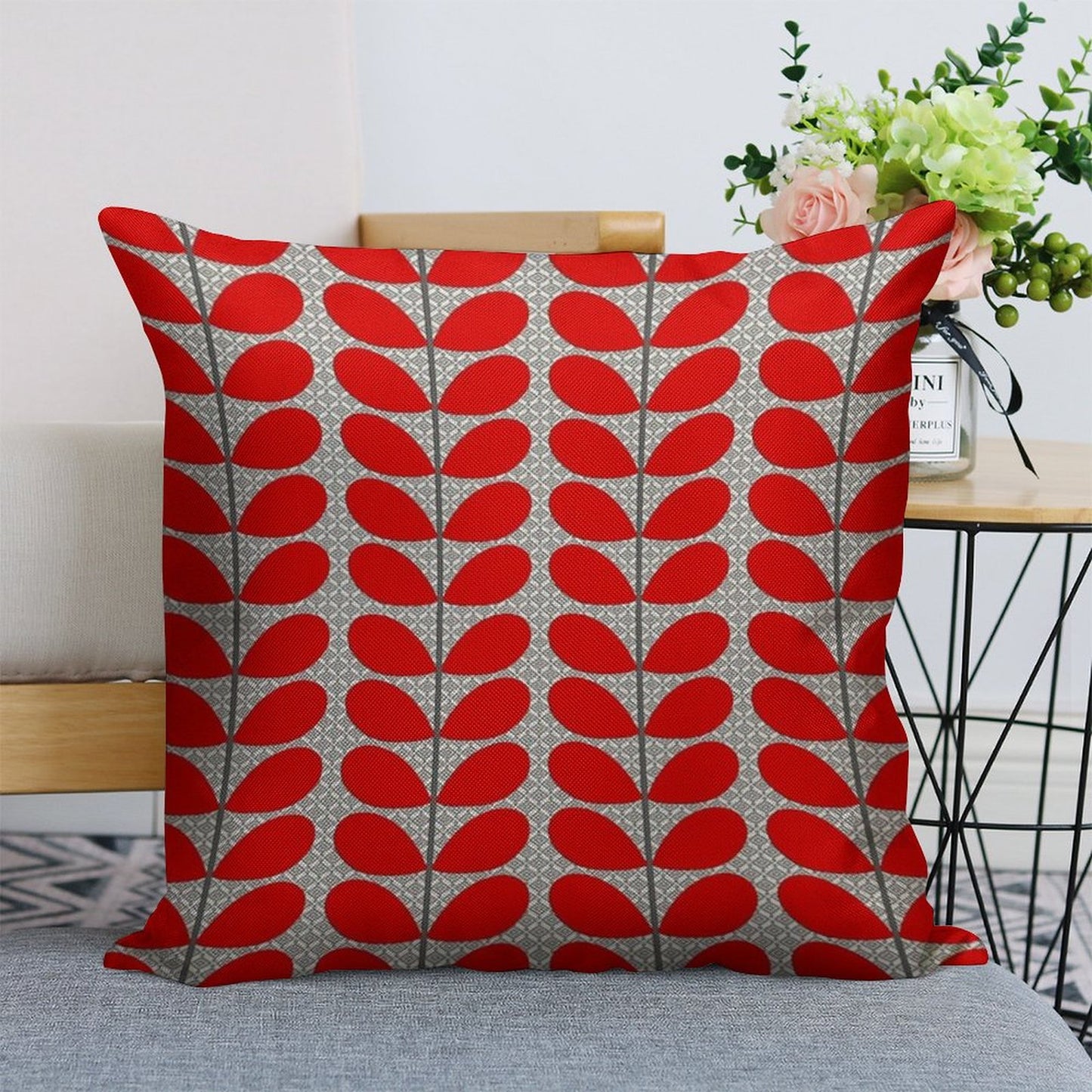 Mid-Century Danish Leaves, Deep Red And Gray Linen Throw Pillow Cover
