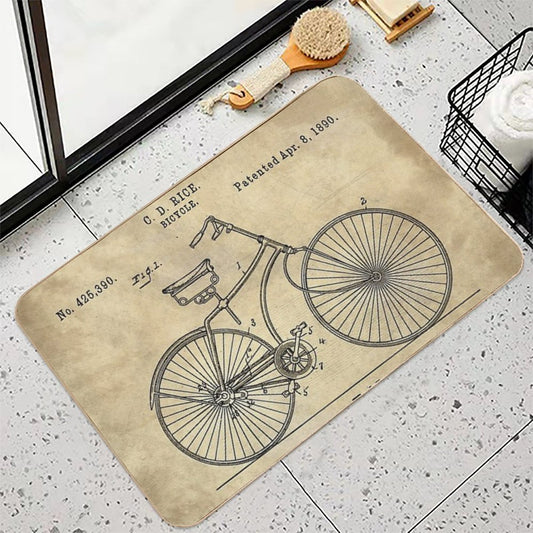 Antique Bicycle Blueprint Patent Drawing Plan, Industrial Farmhouse Bath Mat