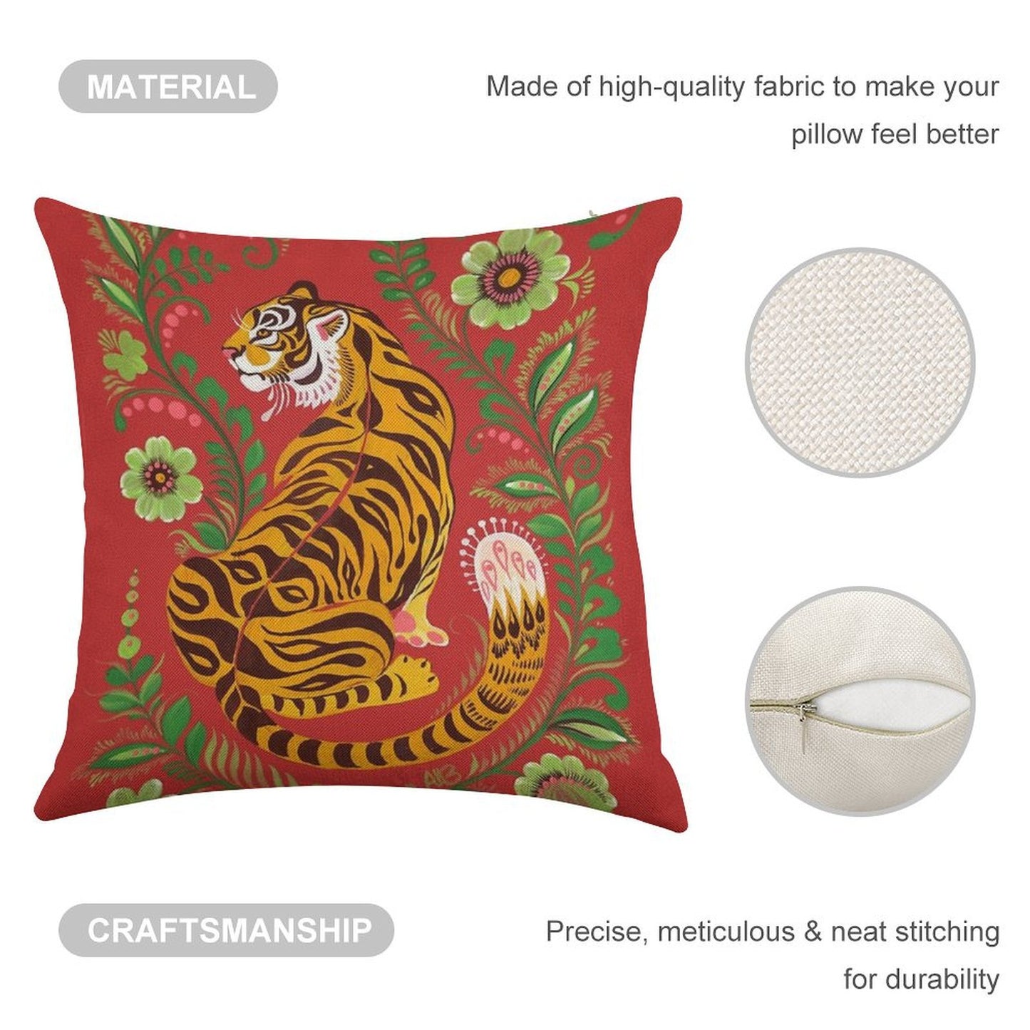 Tiger Folk Art Linen Throw Pillow Cover