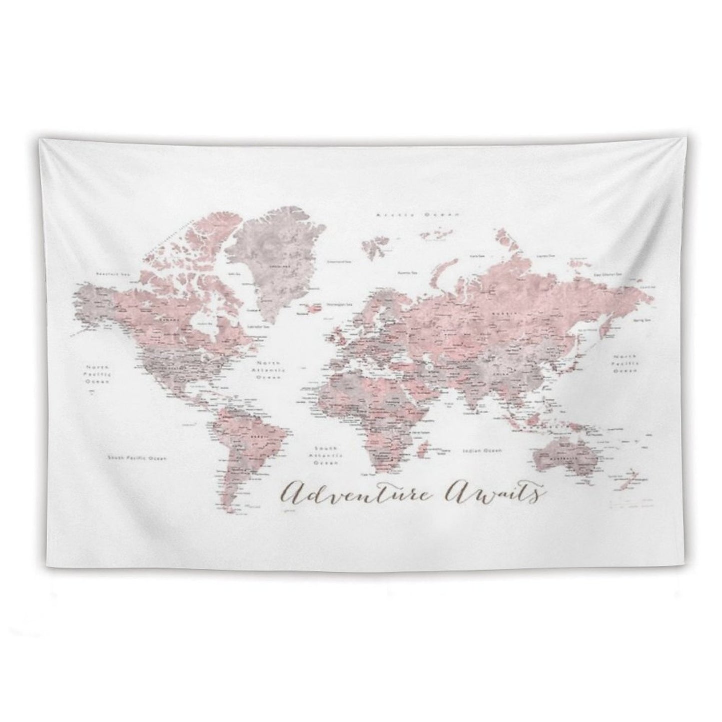 World Map Adventure Awaits in Dusty Pink And Grey Tapestry