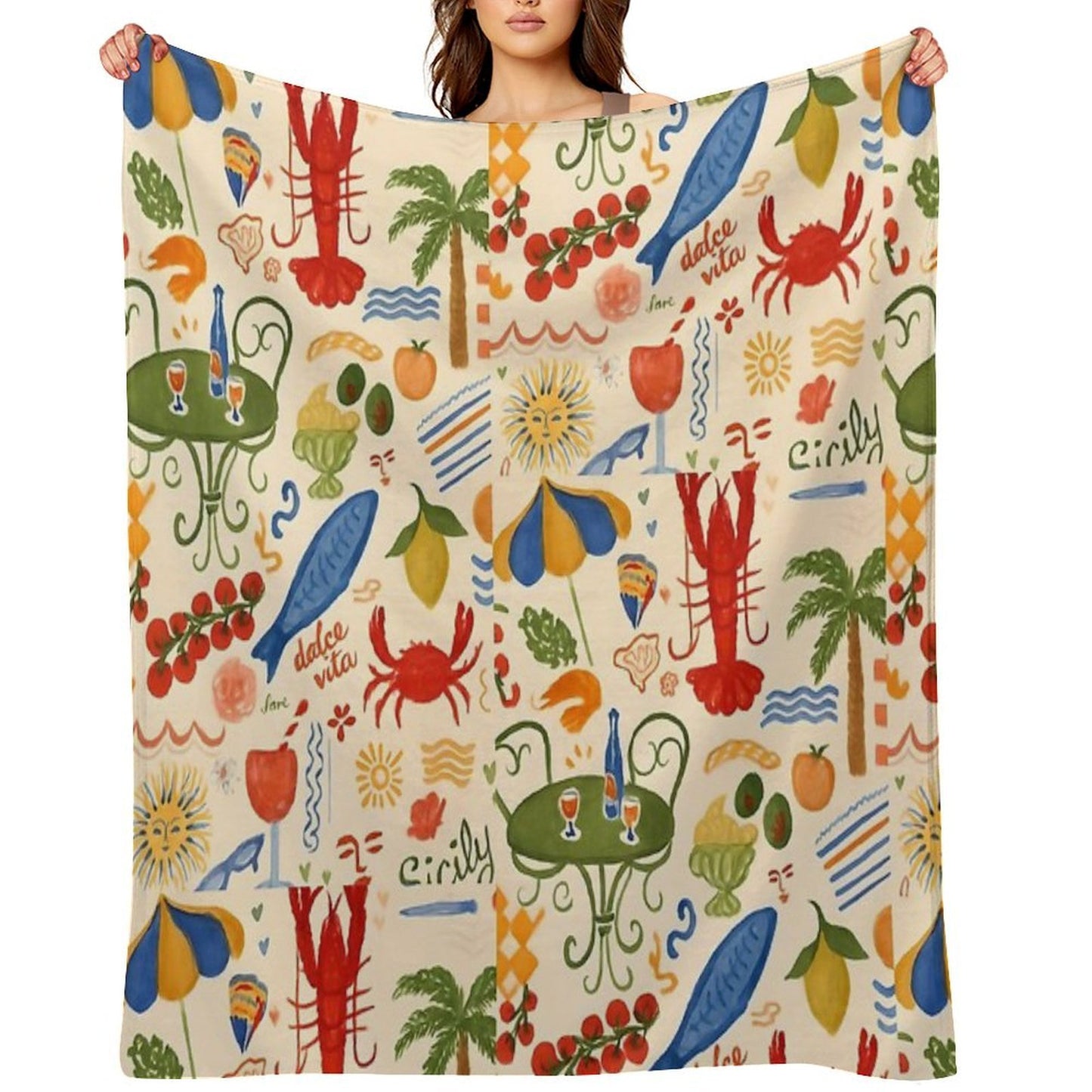 A Dolce Vita – Italian Summer Pattern with Seafood & Sun Throw Blanket