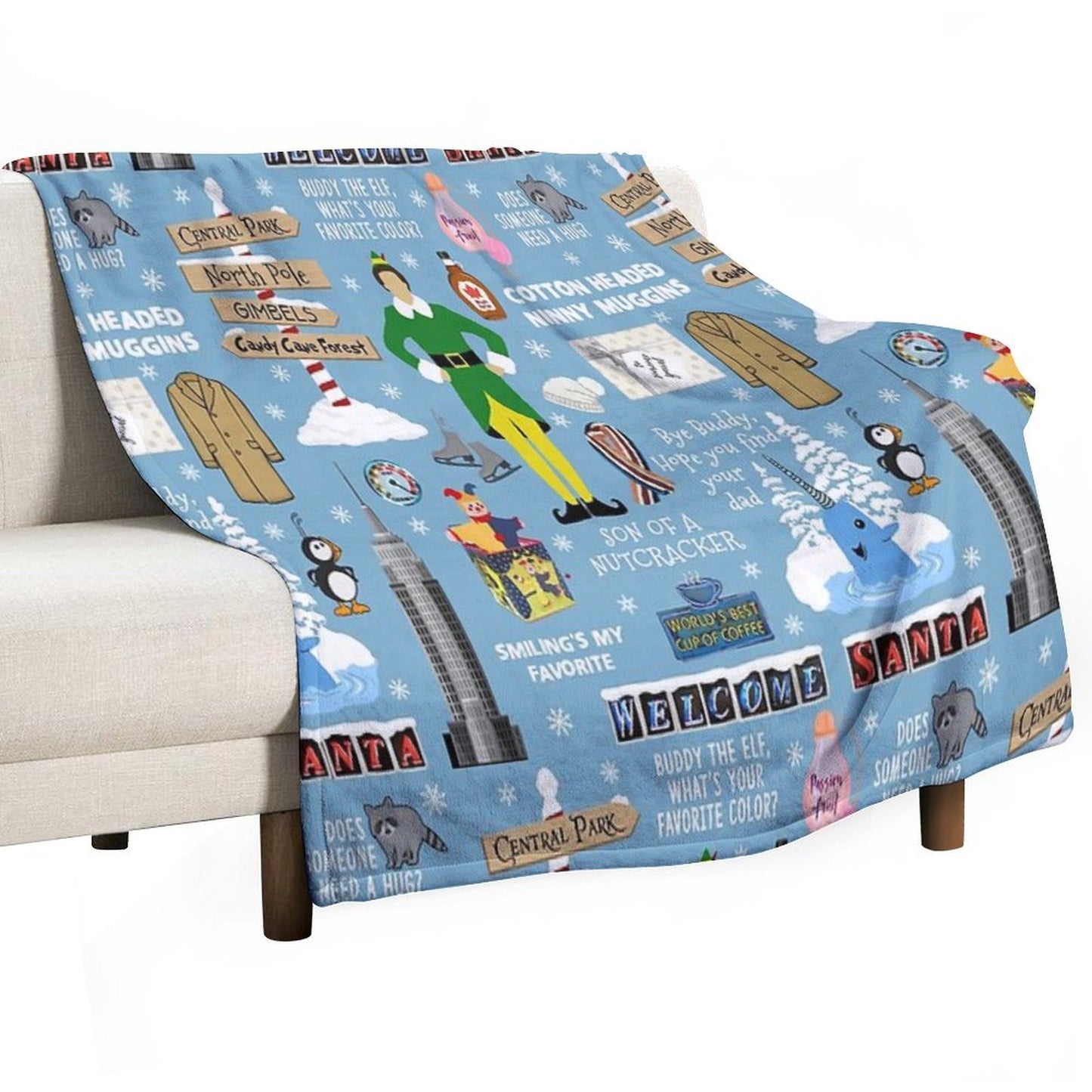 Buddy The Elf Collage, Blue Background Throw Blanket