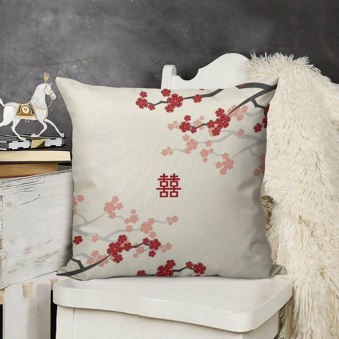 Red Oriental Cherry Blossoms on Ivory And Chinese Wedding Double Happiness  Japanese Sakura © Fatfatin Linen Throw Pillow Cover