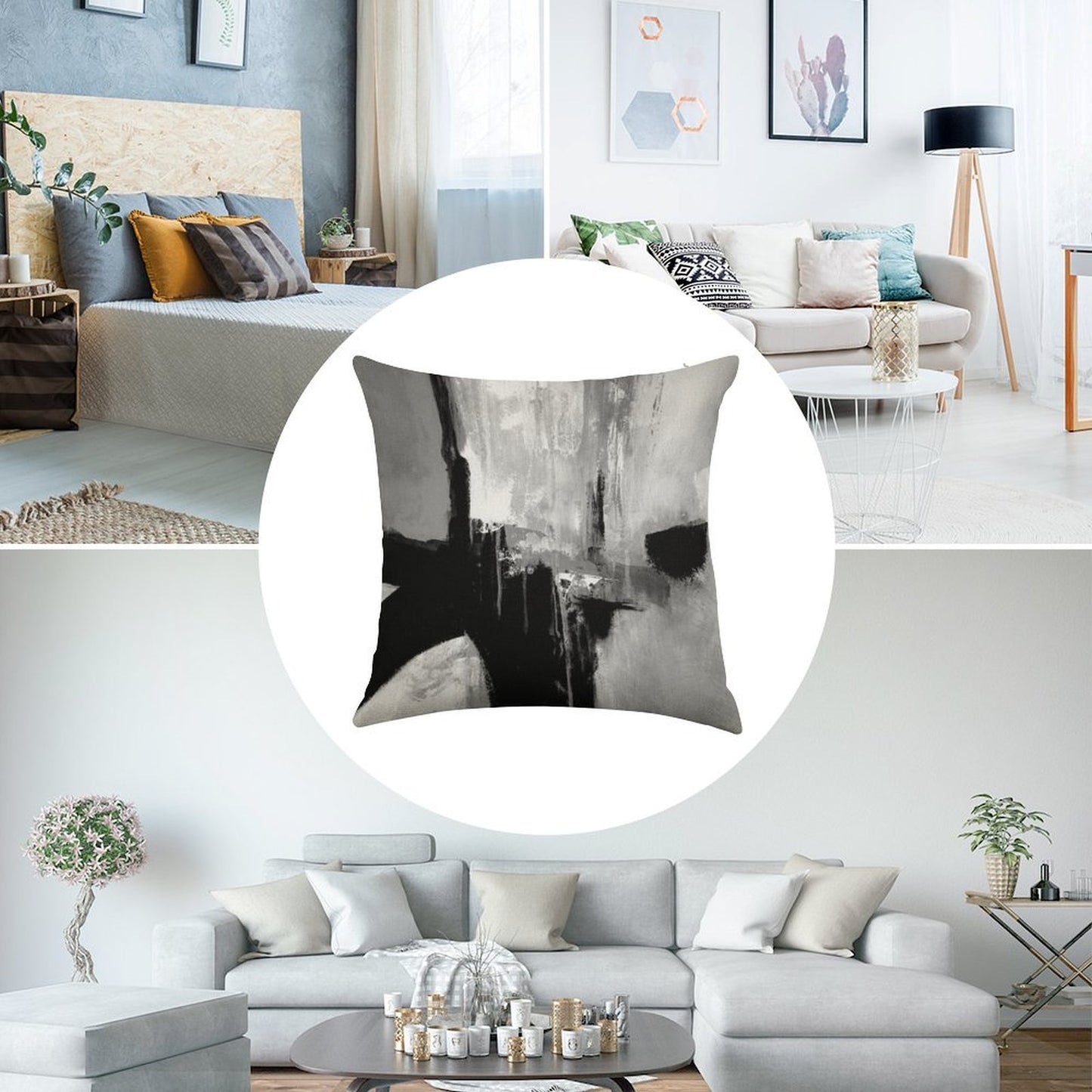Black White Horizontal Abstract Linen Throw Pillow Cover