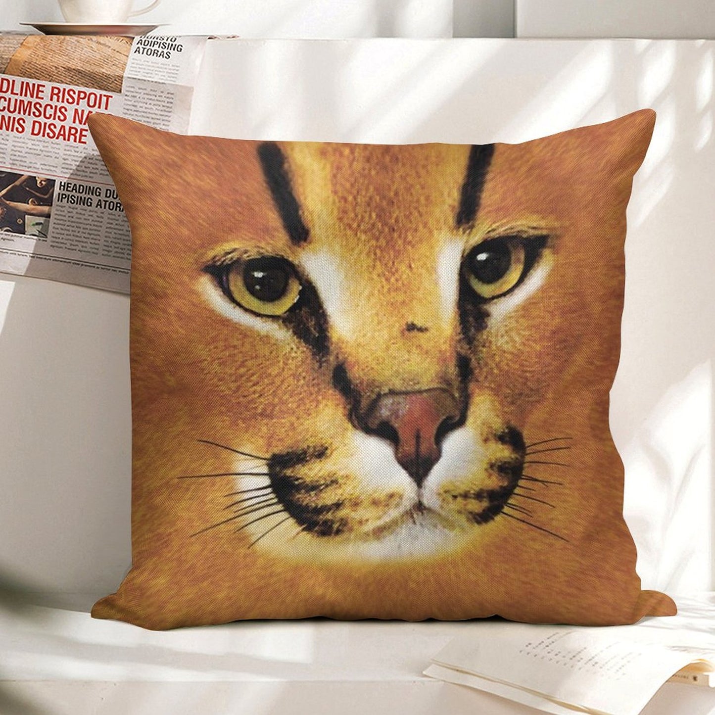 Big Floppa Face Linen Throw Pillow Cover