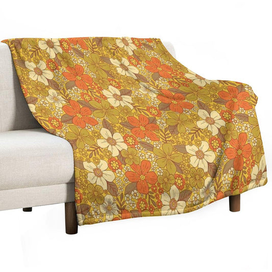 Retro 60s70s Orange & Olive Green Floral Throw Blanket