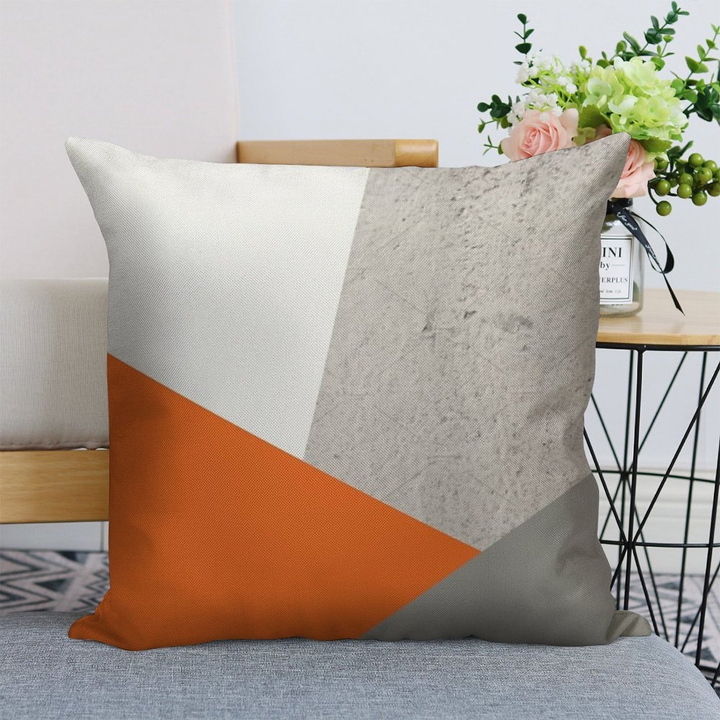 Grey Orange And Concrete Color Block Linen Throw Pillow Cover