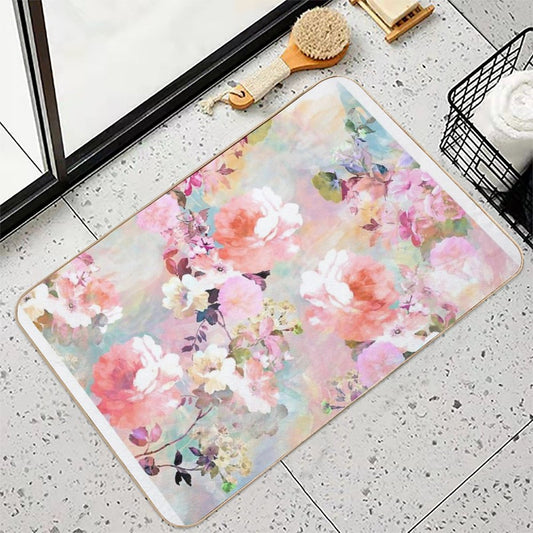 Romantic Pink Teal Watercolor Chic Floral Pattern Bath Mat