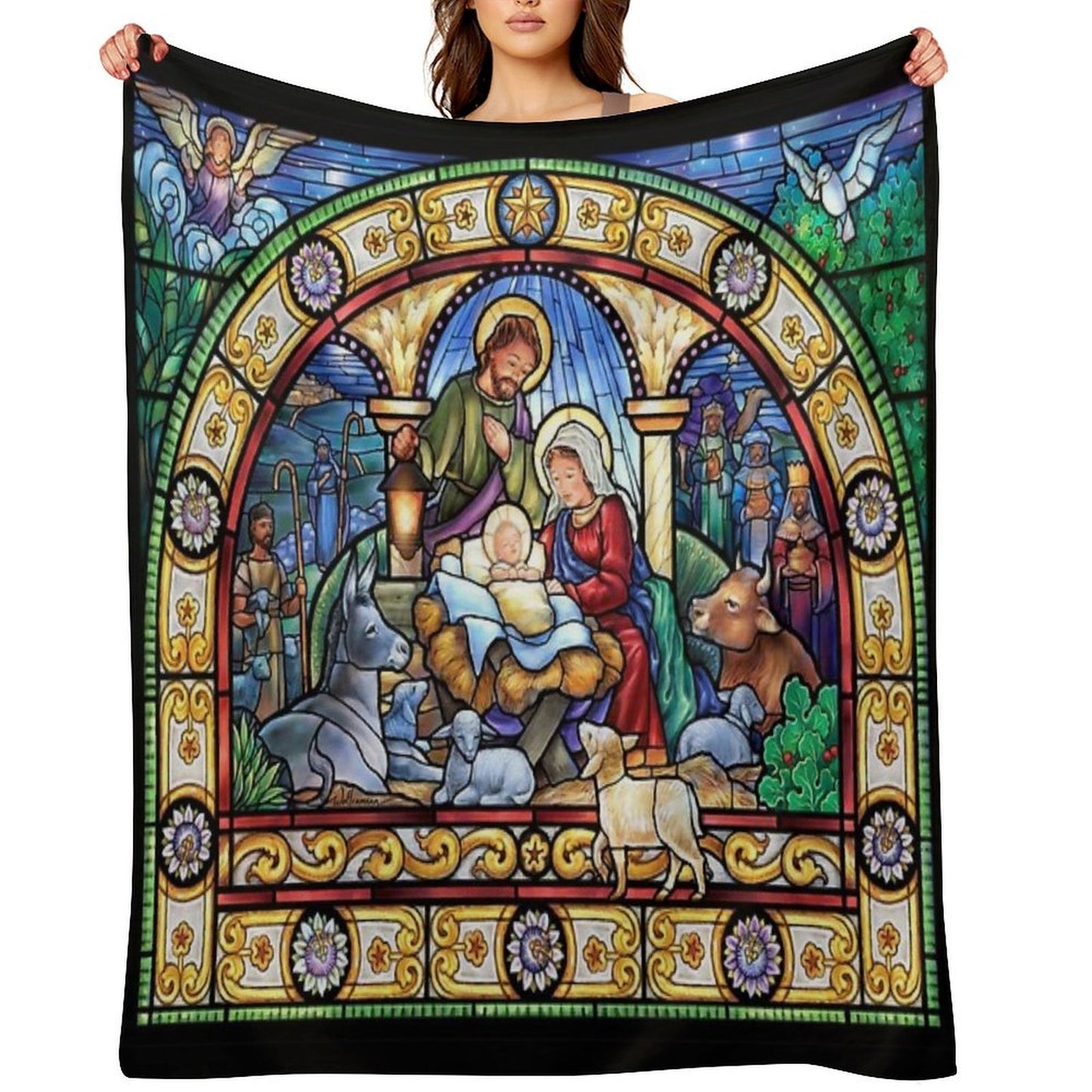Stained Glass Nativity Throw Blanket
