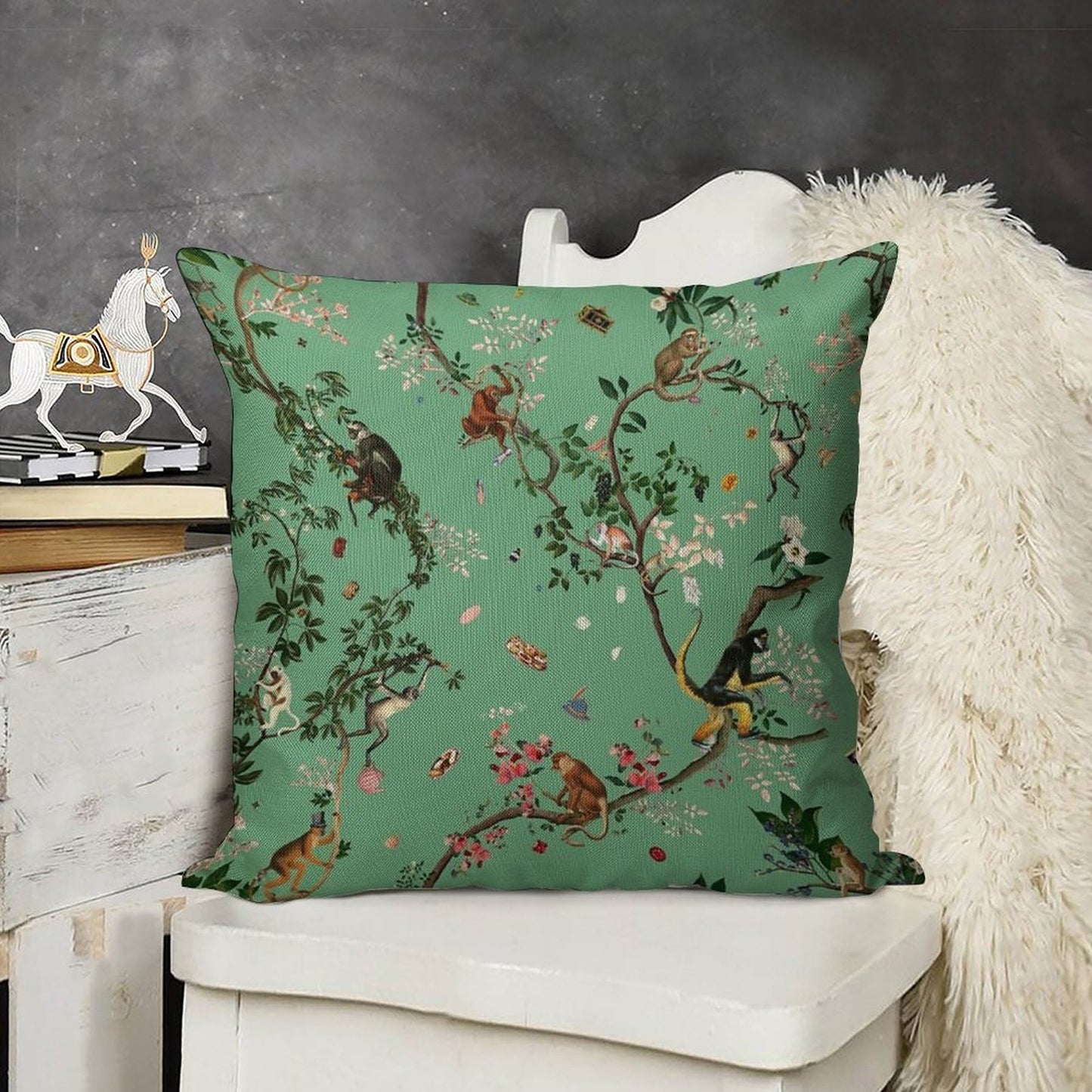 Monkey World Green Linen Throw Pillow Cover