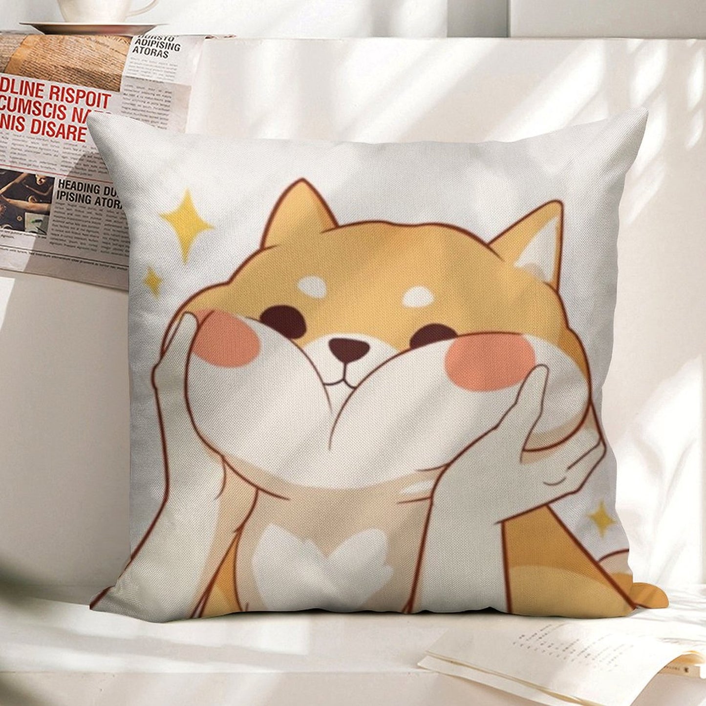Kawaii Shiba Inu Linen Throw Pillow Cover
