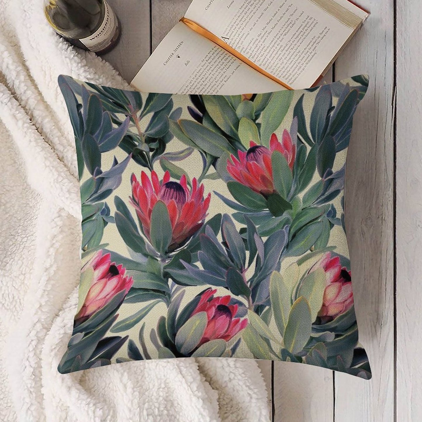 Painted Protea Pattern Linen Throw Pillow Cover