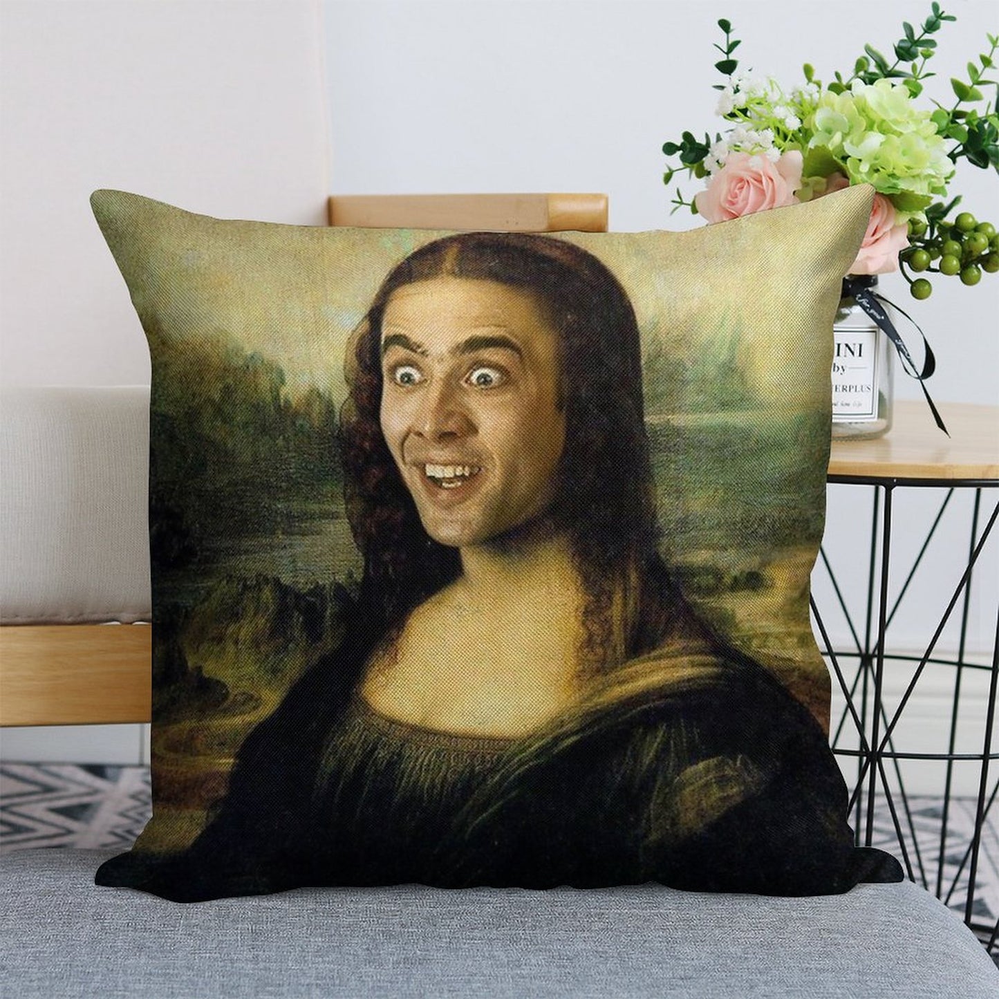 Nicolas Cage As The Mona Lisa Linen Throw Pillow Cover