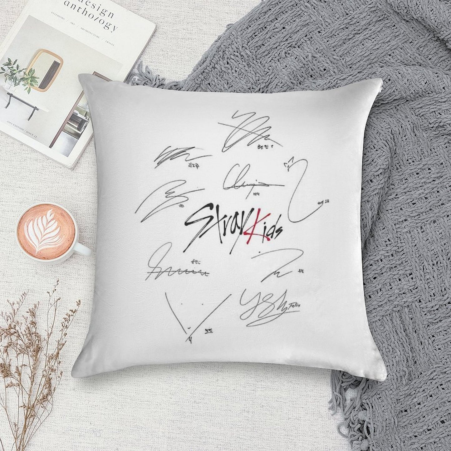 Stray Kids Ot9 - Signatures (white) Soft High-Density Material Throw Pillow