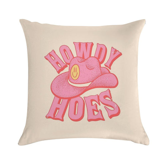 Howdy Hoes  Pink Cowboy Cowgirl Rodeo Hat Preppy Aesthetic  MEME HOWDY Y'ALL  White Background Soft Decorative Cover Throw Pillow