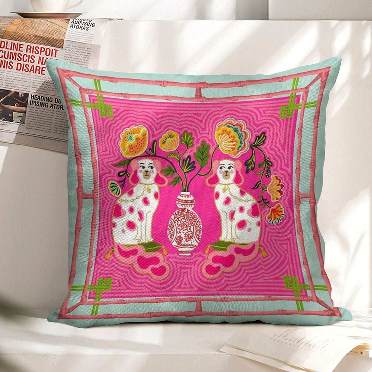 Chinoiserie Staffordshire Pink And Coral Linen Throw Pillow Cover