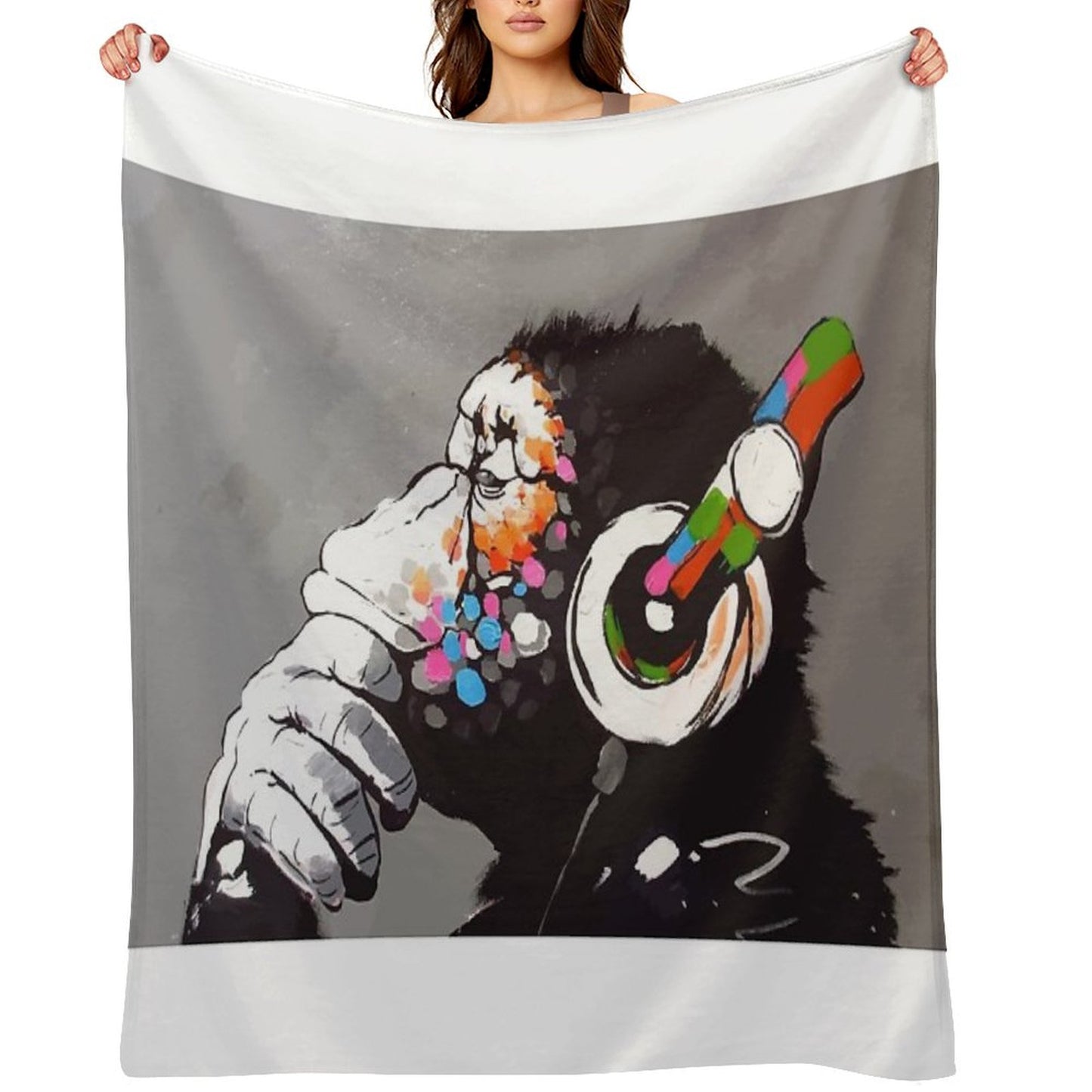 Banksy DJ Monkey Thinker with Headphones Throw Blanket