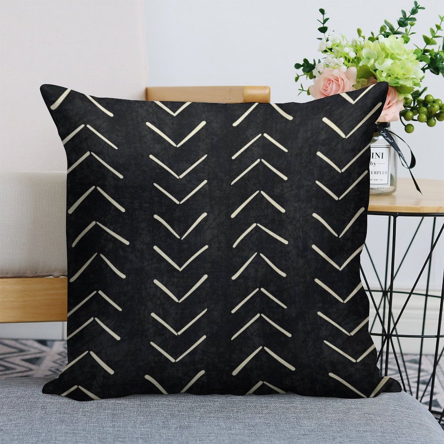 Boho Big Arrows in Black And White Linen Throw Pillow Cover