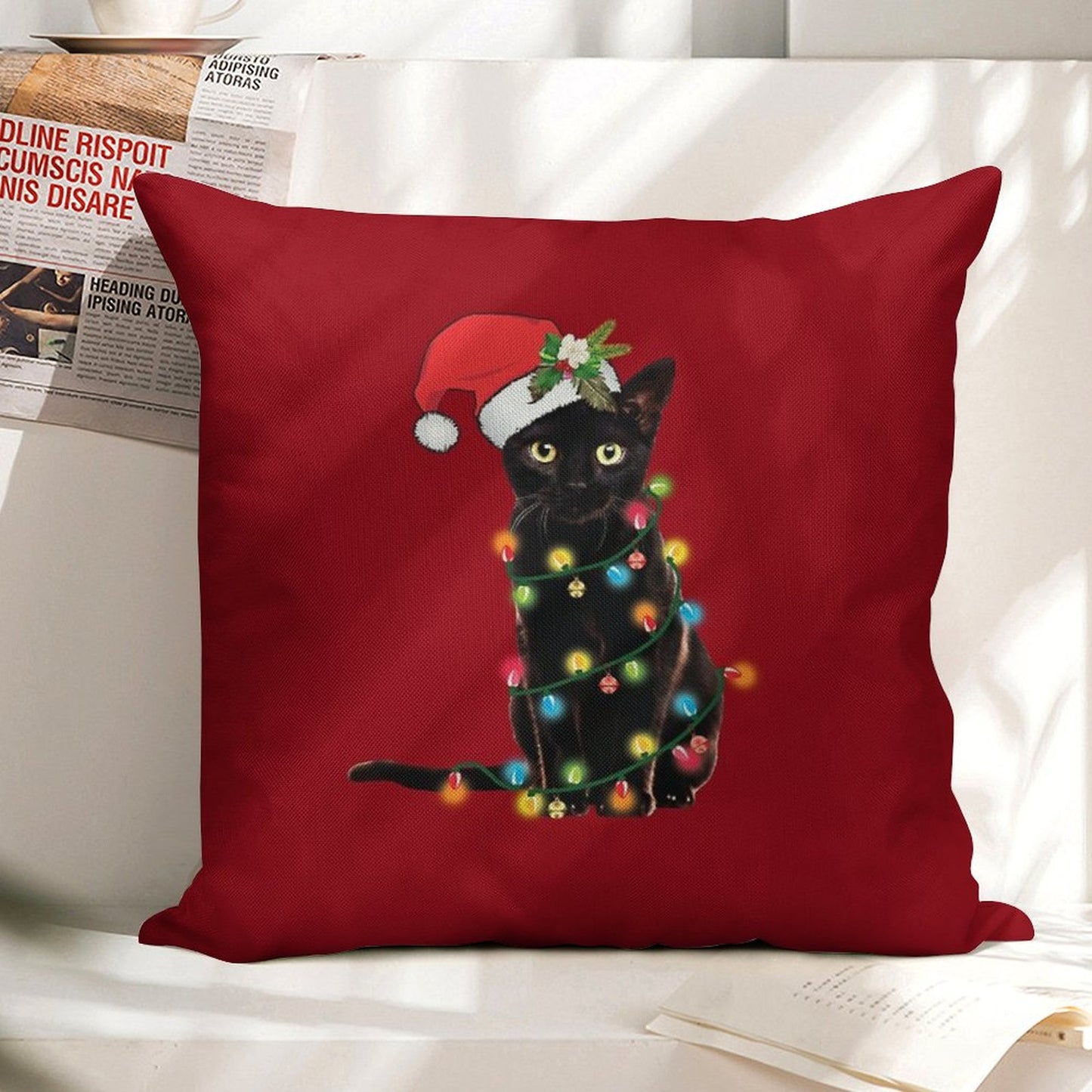 Santa Black Cat Tangled Up In Christmas Tree Lights Holiday Linen Throw Pillow Cover