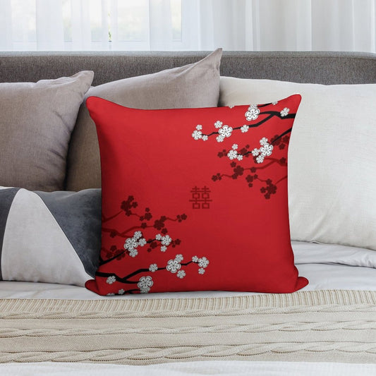 White Oriental Cherry Blossoms on Red And Chinese Wedding Double Happiness  Japanese Sakura © Fatfatin Soft Luxury Feel Throw Pillow