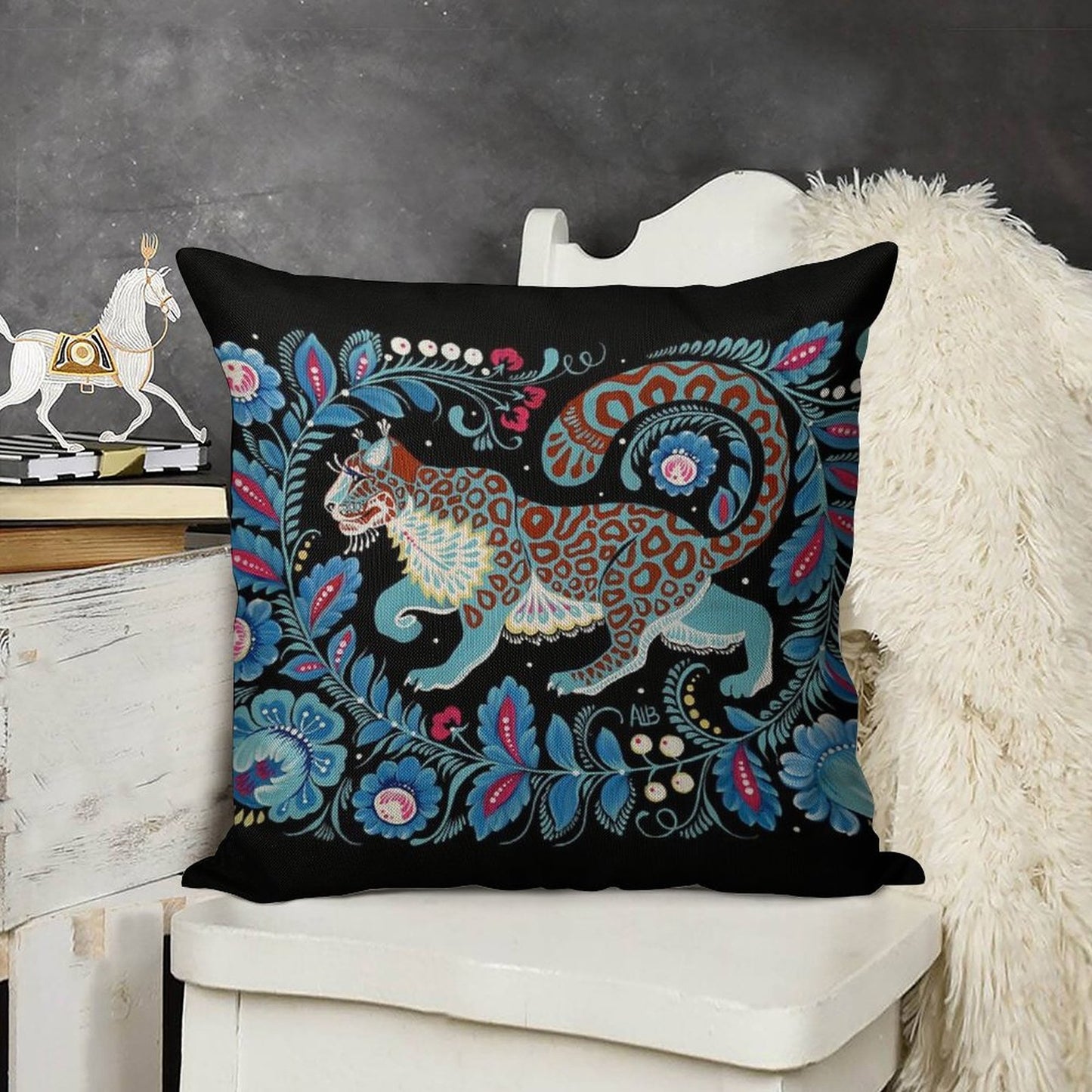 Snow Leopard Folk Art Linen Throw Pillow Cover