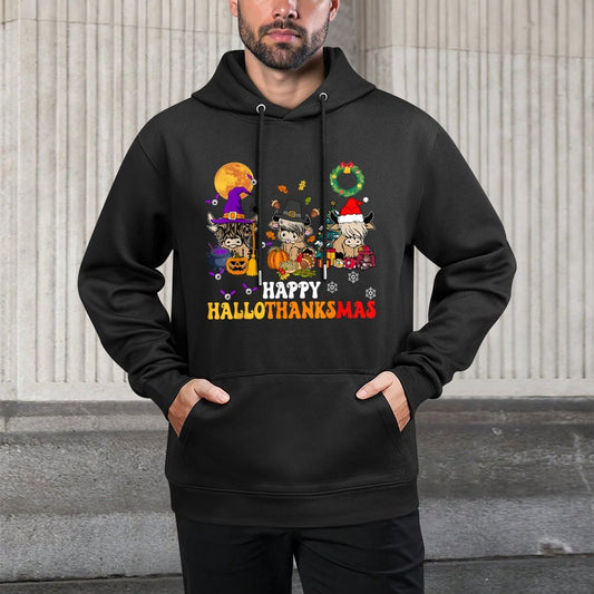 Hallothanksmas Highland Cow Halloween Christmas Thanksgiving Shape Retention Hoodie