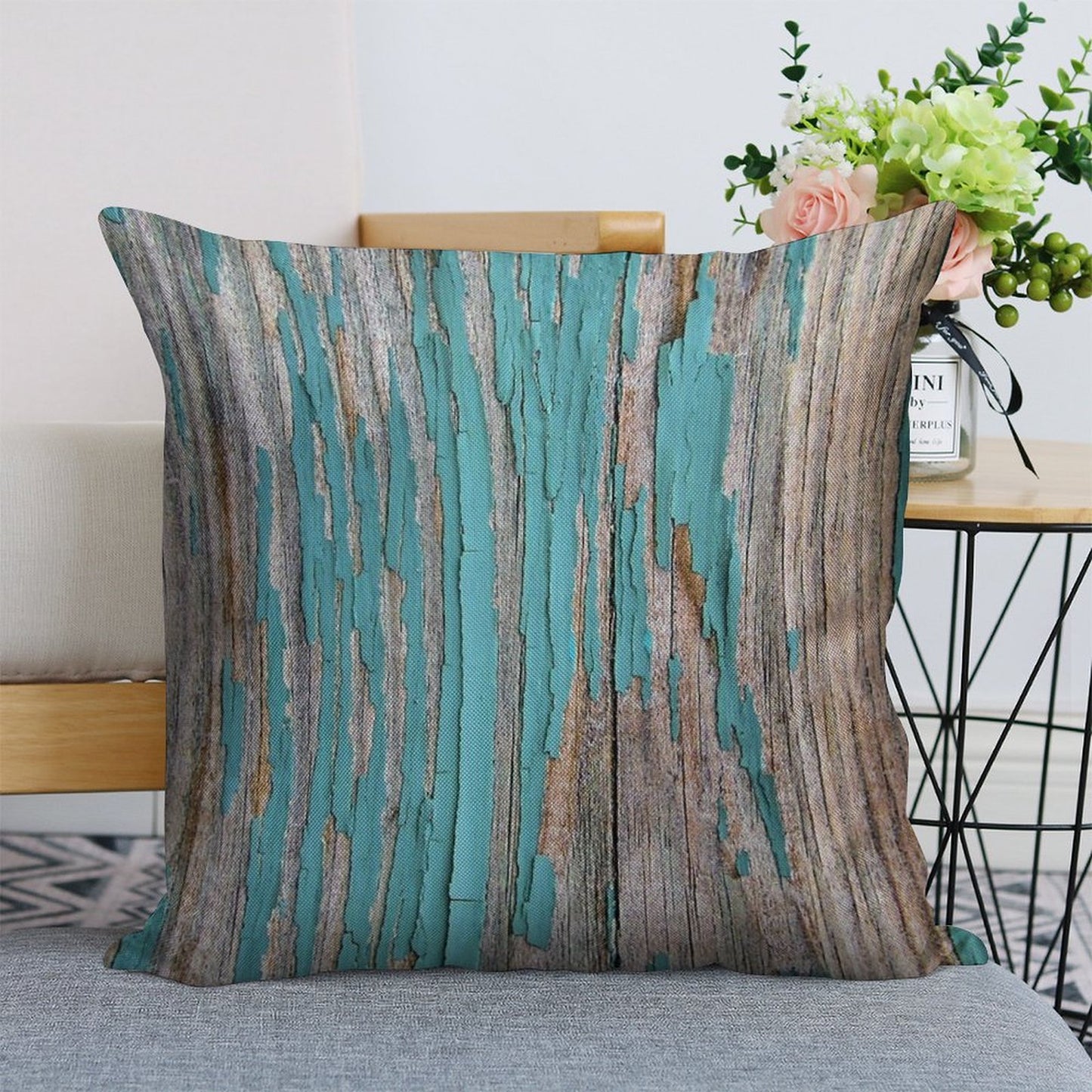 Shabby Rustic Weathered Wood Turquoise Linen Throw Pillow Cover