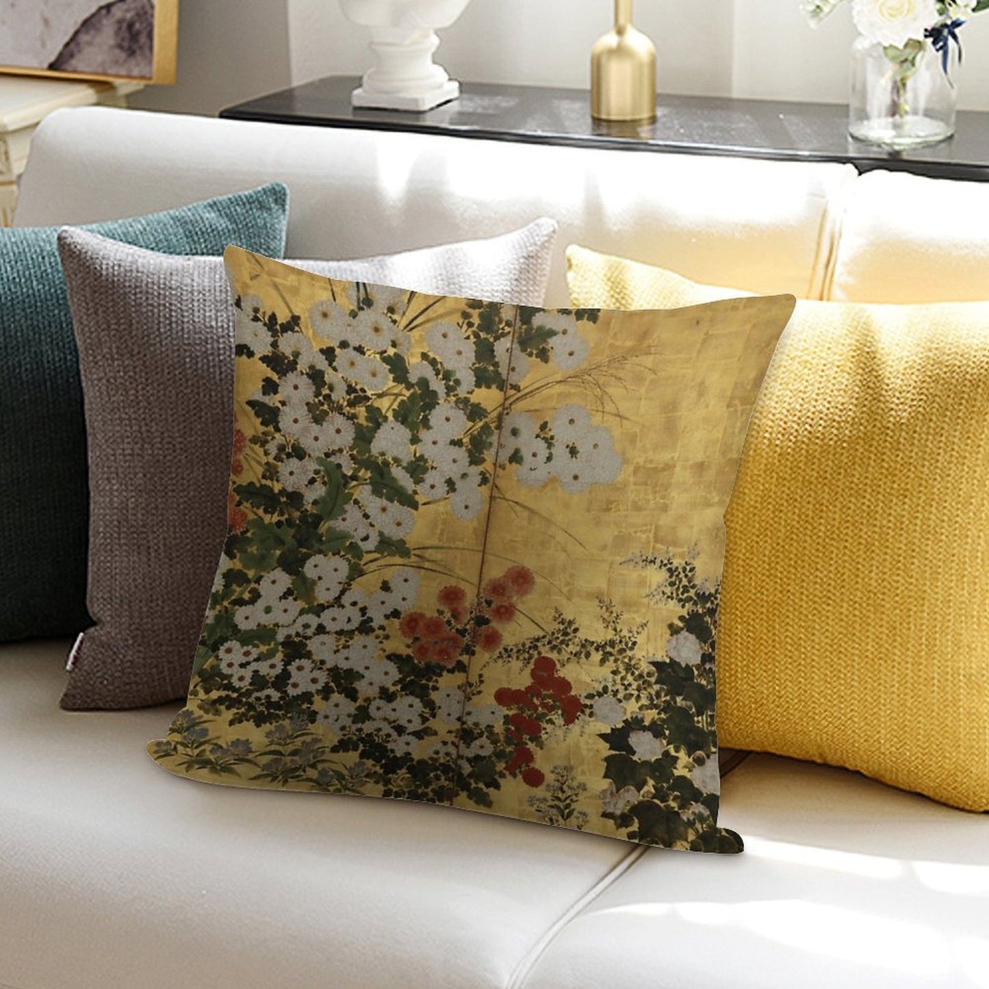 White Red Chrysanthemums Floral Japanese Gold Screen Print Soft Reinforced Edging Throw Pillow