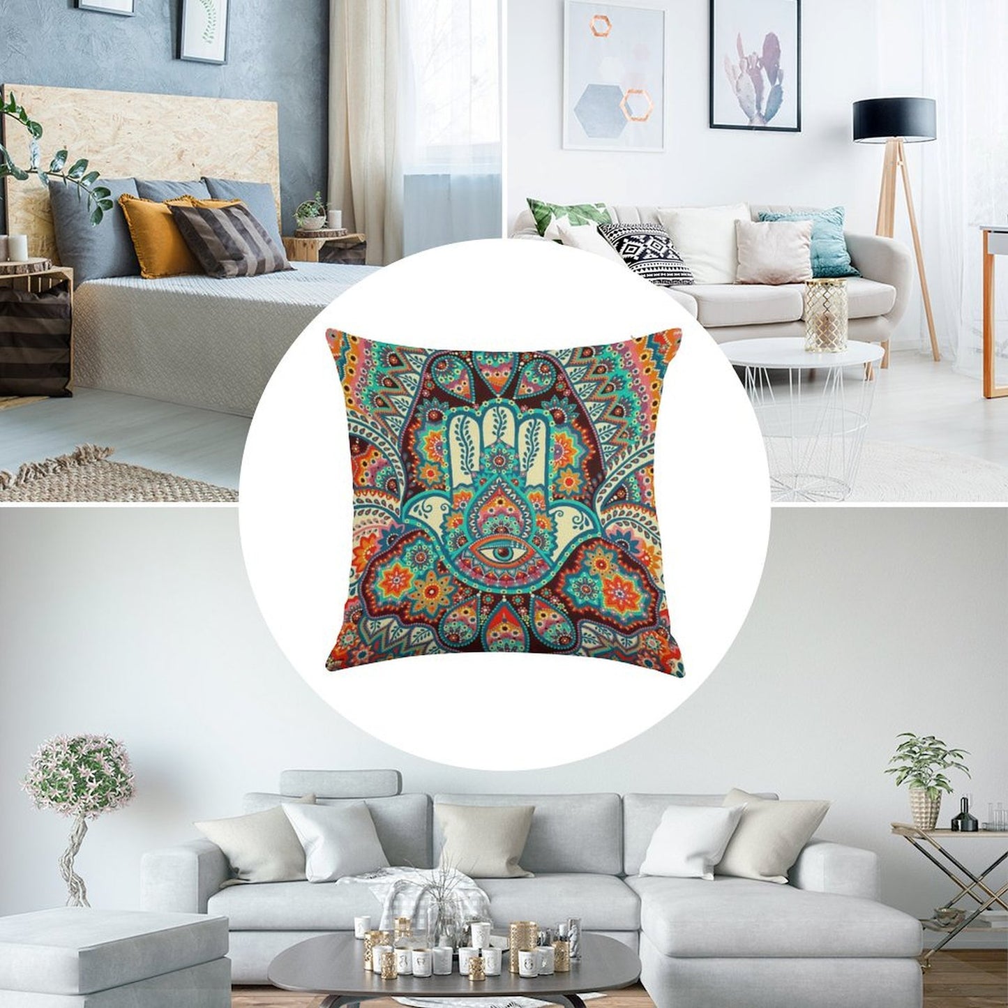 Hamsa Hand Linen Throw Pillow Cover