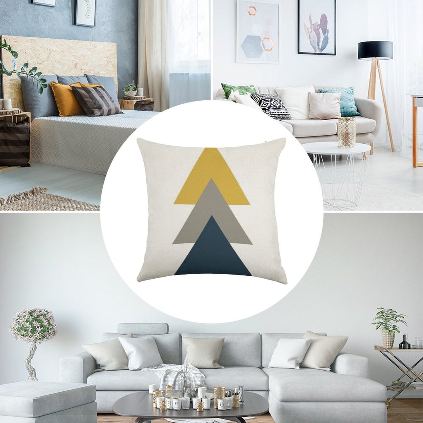 Triangle Trio. Minimalist Geometric in Light Mustard Yellow, White, Grey, And Navy Blue Linen Throw Pillow Cover