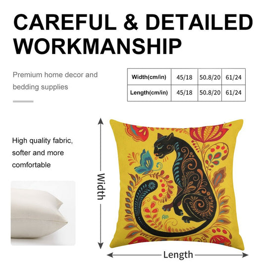 Panther & Butterfly Folk Art Linen Throw Pillow Cover