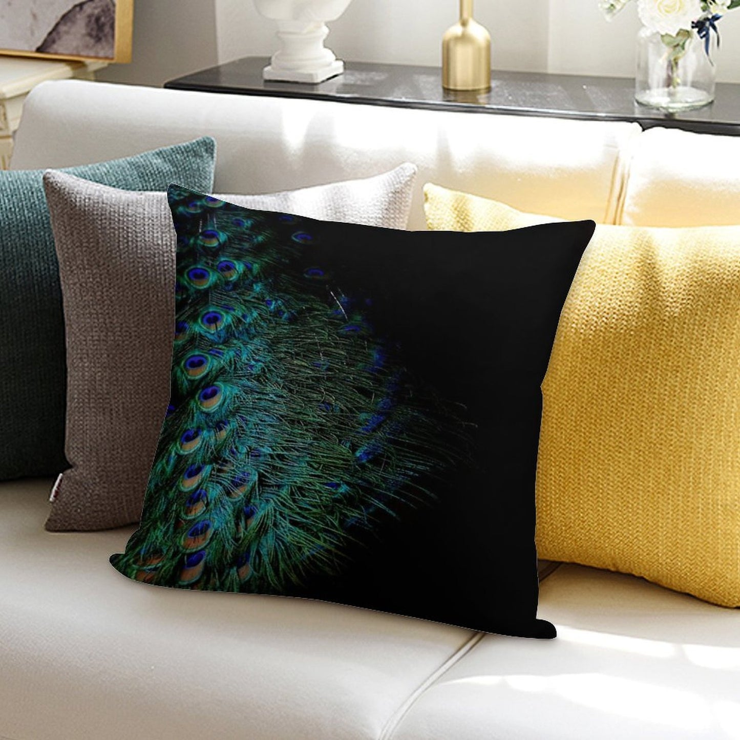 Peacock Feathers on A Black Background Soft Reinforced Edging Throw Pillow