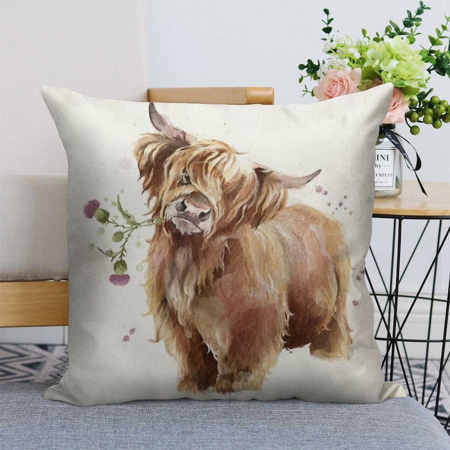 Highland Cow Linen Throw Pillow Cover