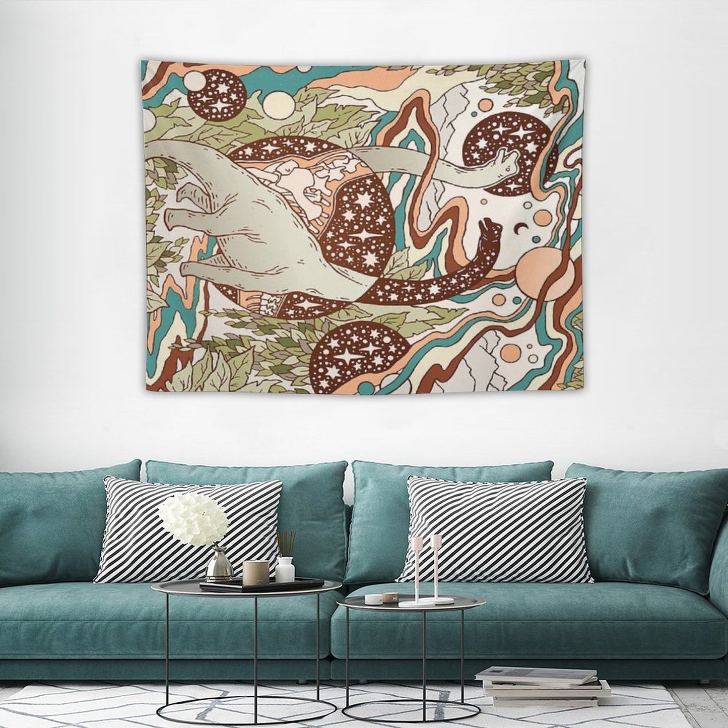 Jurassic Portal Retro Rainbow Palette Dinosaur Science Fiction Art Tapestry