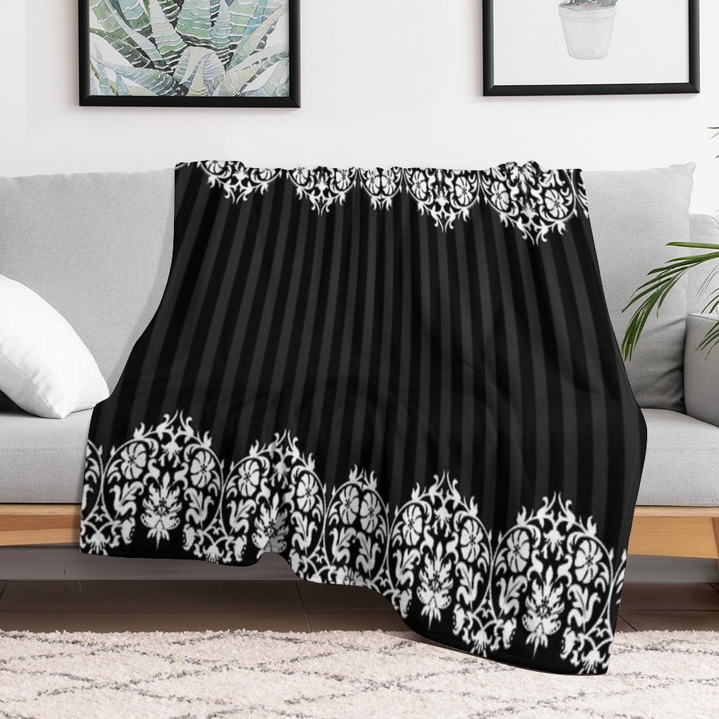 Black And White Damask Pattern Throw Blanket