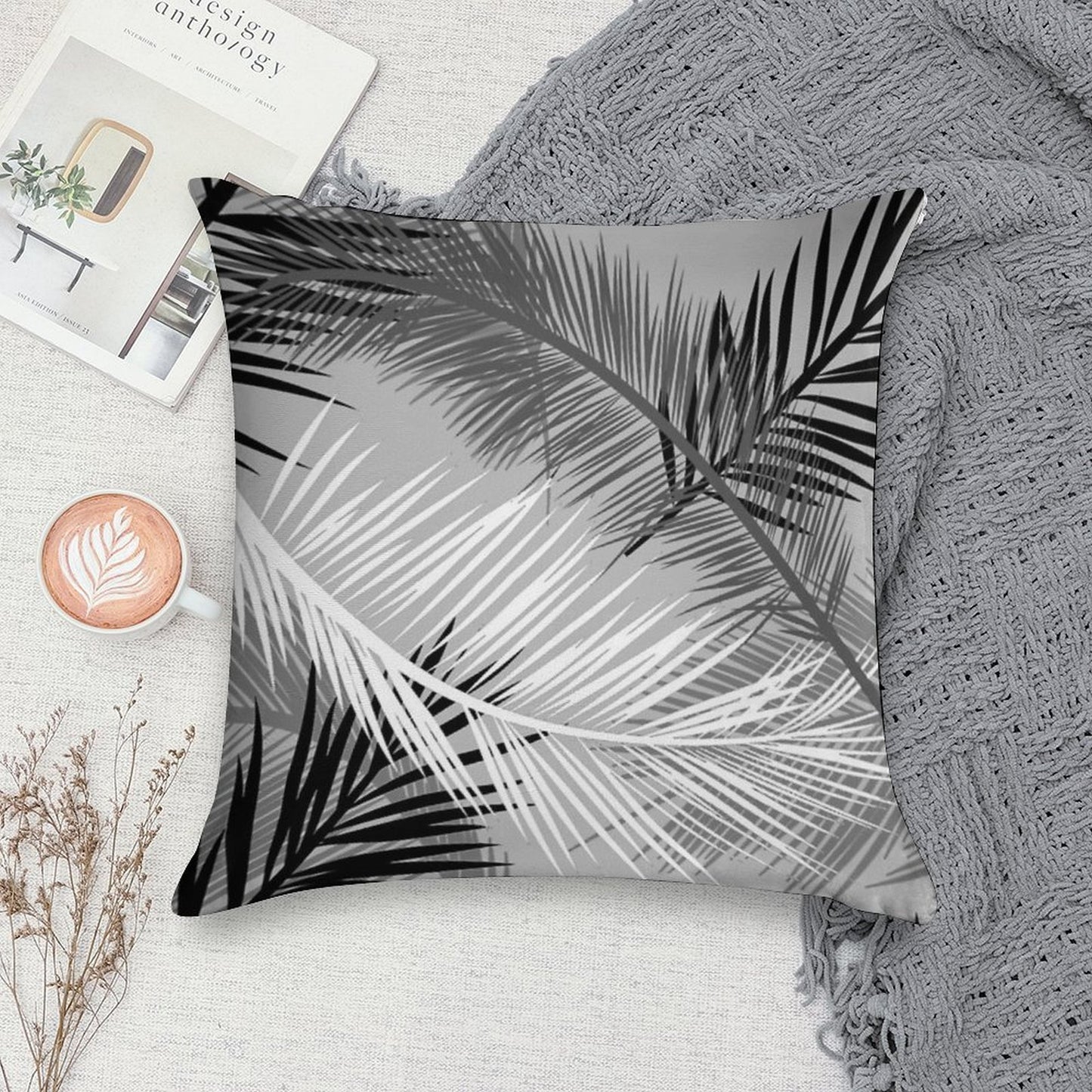 Palm Leaf Print, Gray, Black And White Soft Luxury Feel Throw Pillow