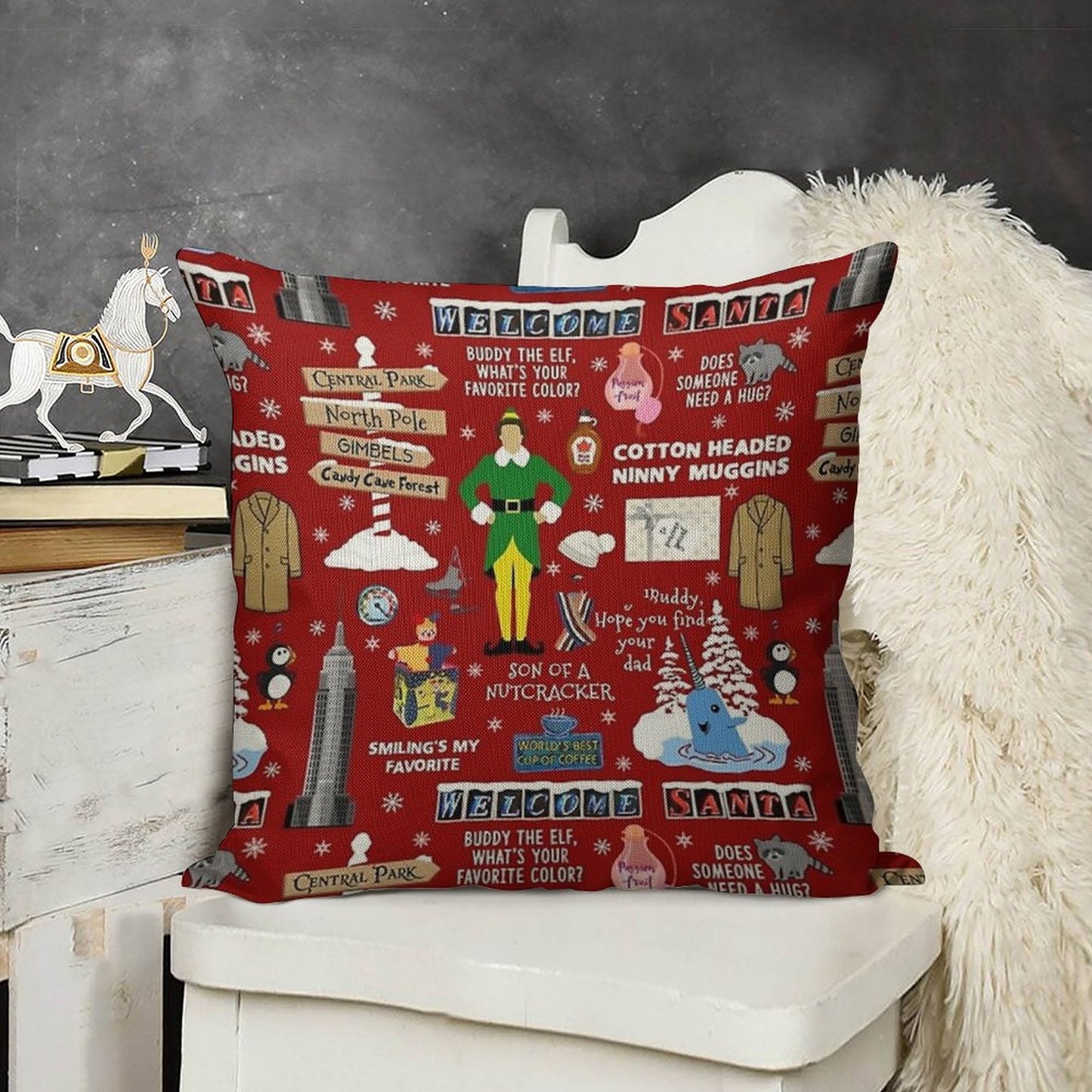 Buddy The Elf Collage, Red Background Linen Throw Pillow Cover