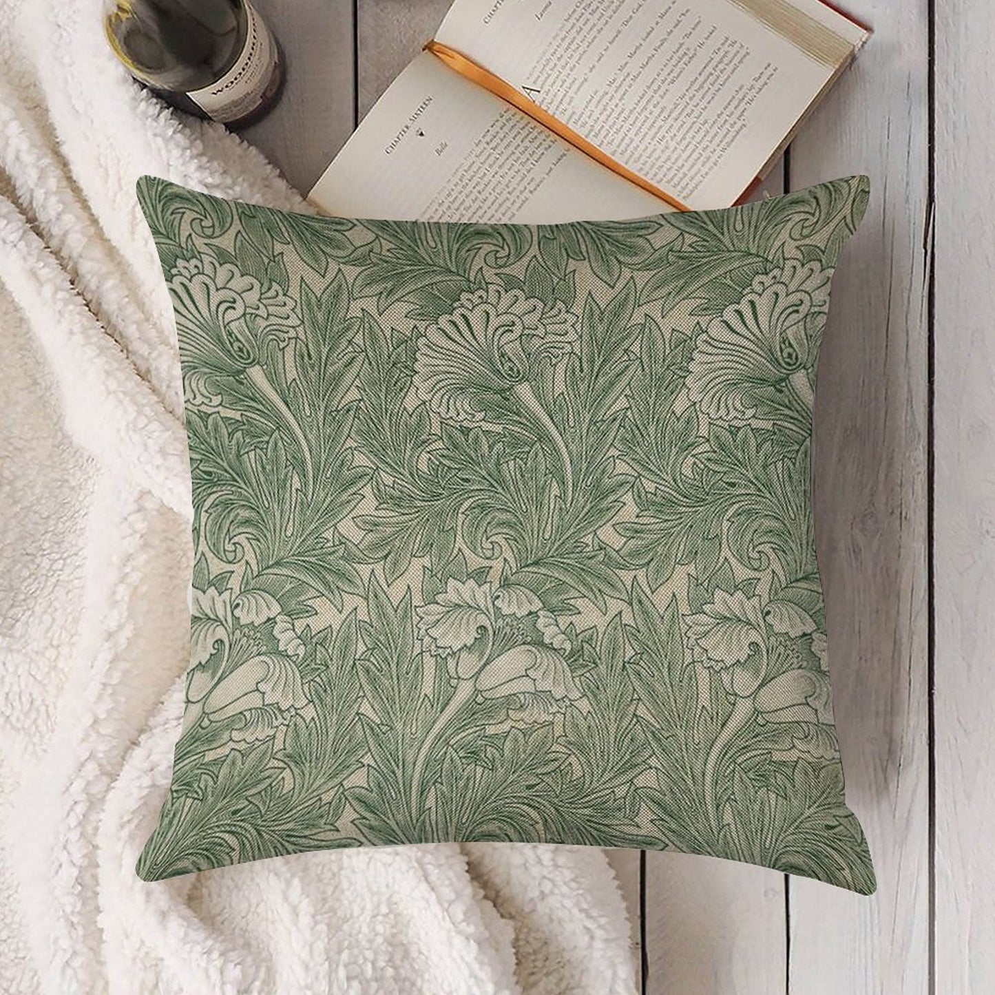 William Morris Vintage Green Tulip Floral Pattern Linen Throw Pillow Cover