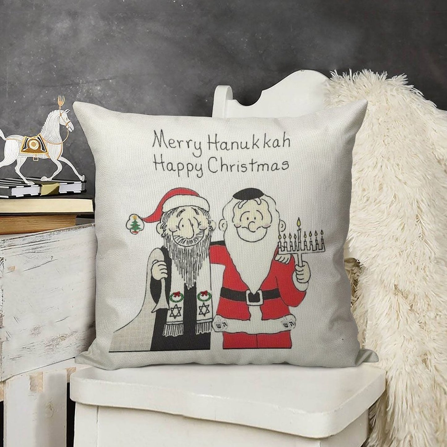 Celebrate Both, Interfaith, Hanukkah And Christmas, Chanukkah Linen Throw Pillow Cover