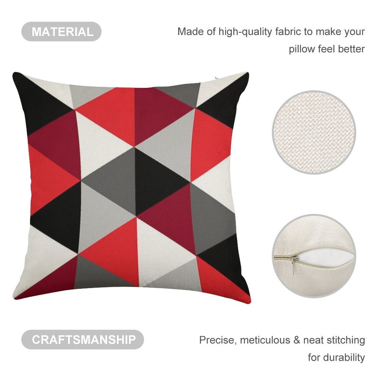 Red, Black, White And Grey Pattern Linen Throw Pillow Cover